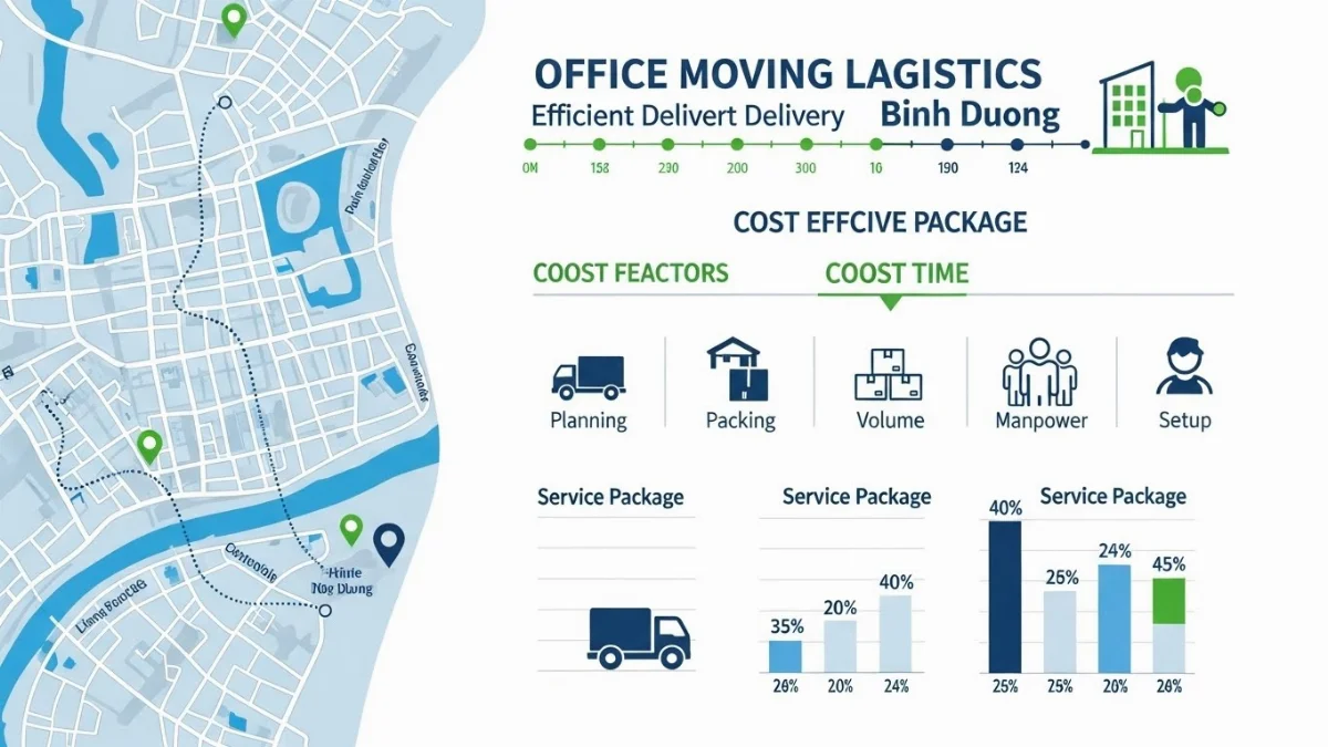 Đội ngũ nhân viên đang lắp đặt đồ đạc tại văn phòng mới ở Bình Dương