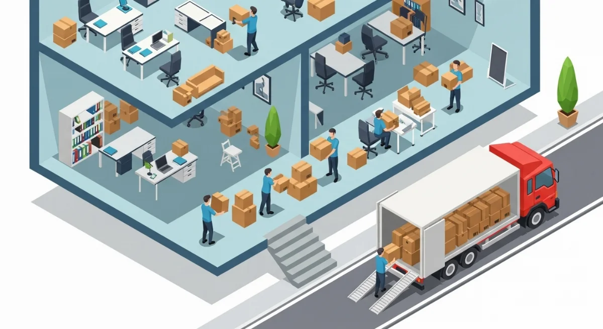 Nhân viên dịch vụ chuyển văn phòng đang cẩn thận đóng gói thiết bị