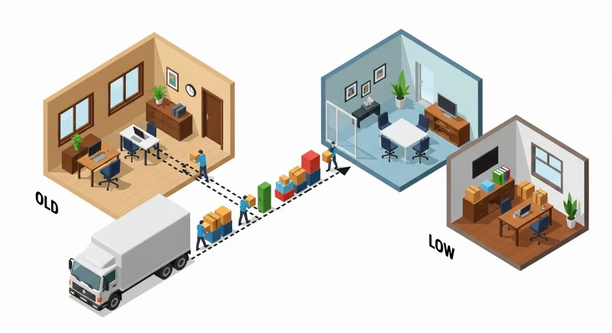 Xe tải chuyên dụng đang vận chuyển đồ đạc văn phòng lớn đến nơi mới