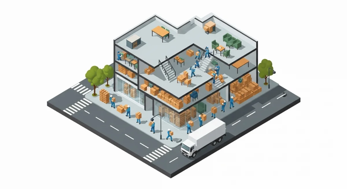 Hình ảnh nhân viên vận chuyển đang di chuyển đồ đạc lớn ra khỏi văn phòng