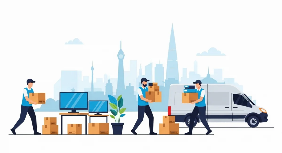 Hình ảnh nhân viên đang khảo sát đồ đạc tại văn phòng, chuẩn bị kế hoạch chuyển dọn