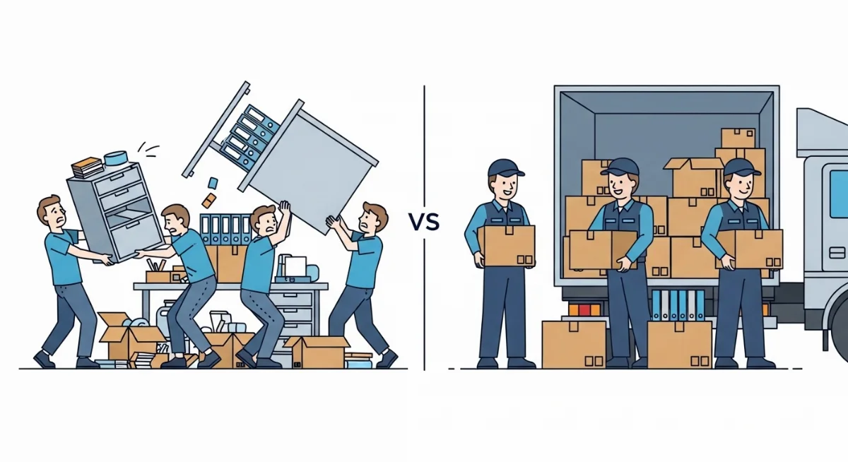 Đội ngũ nhân viên chuyên nghiệp đang đóng gói đồ đạc văn phòng cẩn thận, đảm bảo an toàn