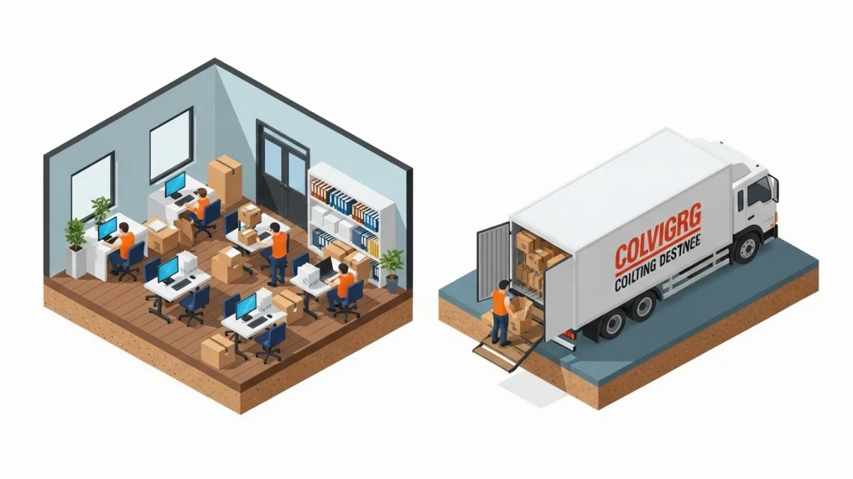 Nhân viên đang di chuyển đồ đạc lớn ra xe tải trong dịch vụ chuyển văn phòng tại Bình Dương