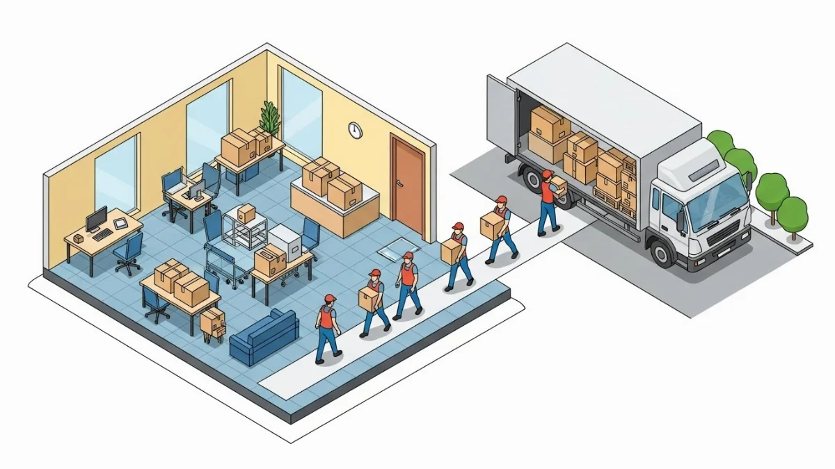 Nhân viên chuyên nghiệp của dịch vụ chuyển văn phòng đang đóng gói hồ sơ cẩn thận