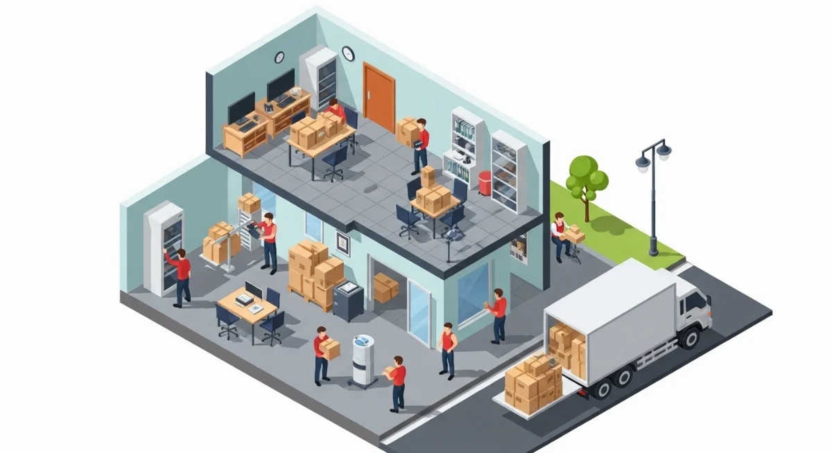 Công nhân đang đóng gói cẩn thận tài liệu văn phòng vào thùng carton