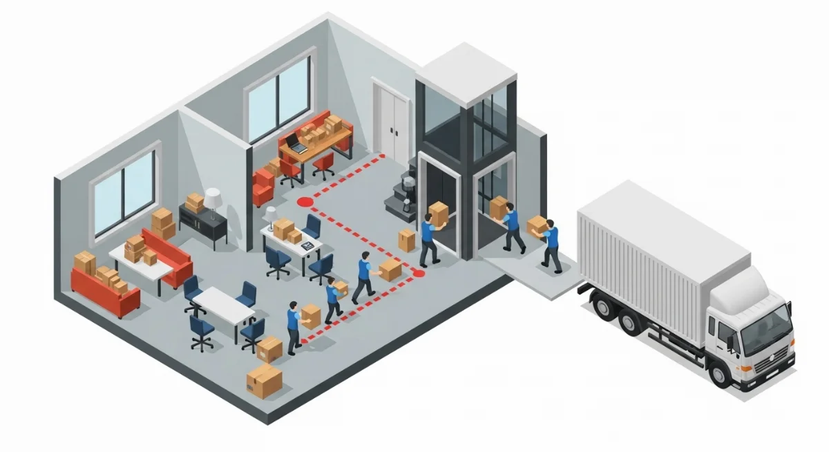 Xe tải chuyên dụng của dịch vụ chuyển văn phòng trọn gói đang chở đồ an toàn