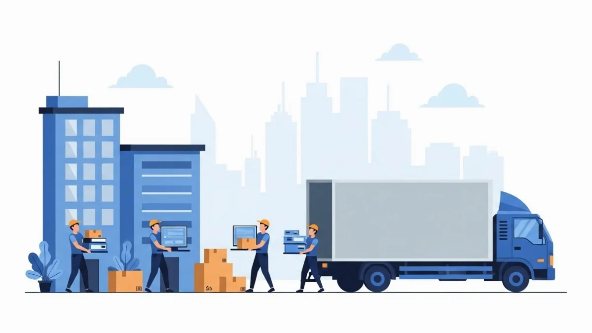 Nhân viên đang đóng gói tài liệu và thiết bị văn phòng cẩn thận