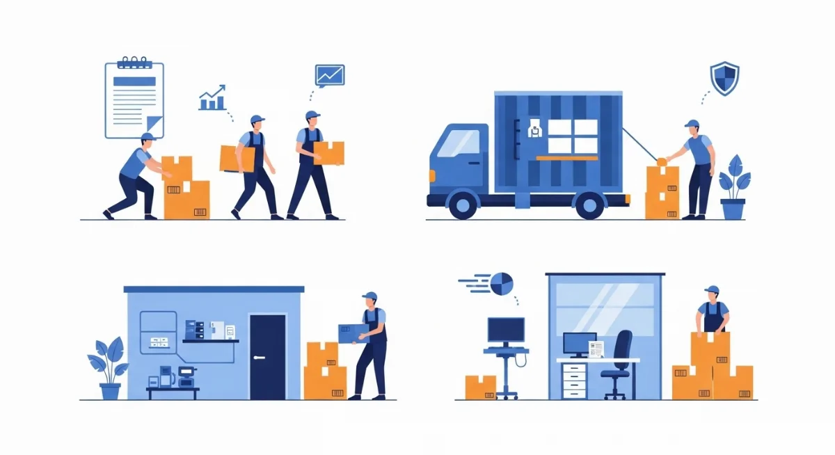 Công nhân vận chuyển đồ đạc văn phòng lớn lên xe tải chuyên dụng